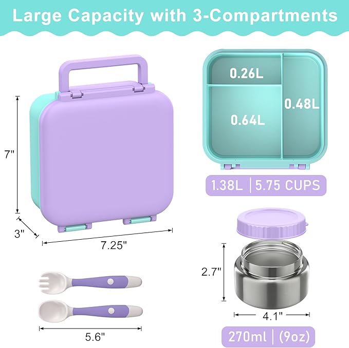 Bento Box for Kids with Soup Thermos(9oz)– Kid Bento Lunch Box with Leak Proof Insulated Food Jar, Hot & Cold Lunch Container Set for School Girls Boys, 4-Compartments, Purple/Blue