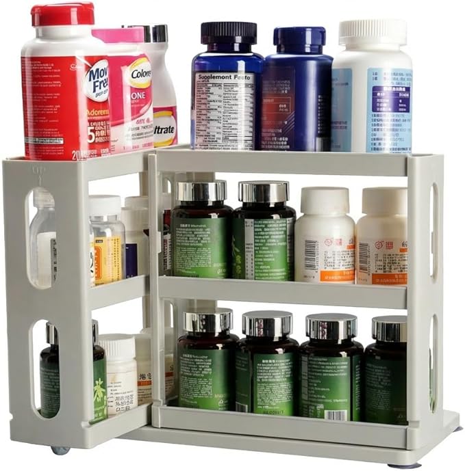 Medicine Organizer 2 Three-Decker Shelves Cabinet Storage Rack Organizer for Holding Vitamins, Supplements Cosmetics (9”H x 5.8”W x 10.4”D) (Dust Gray)