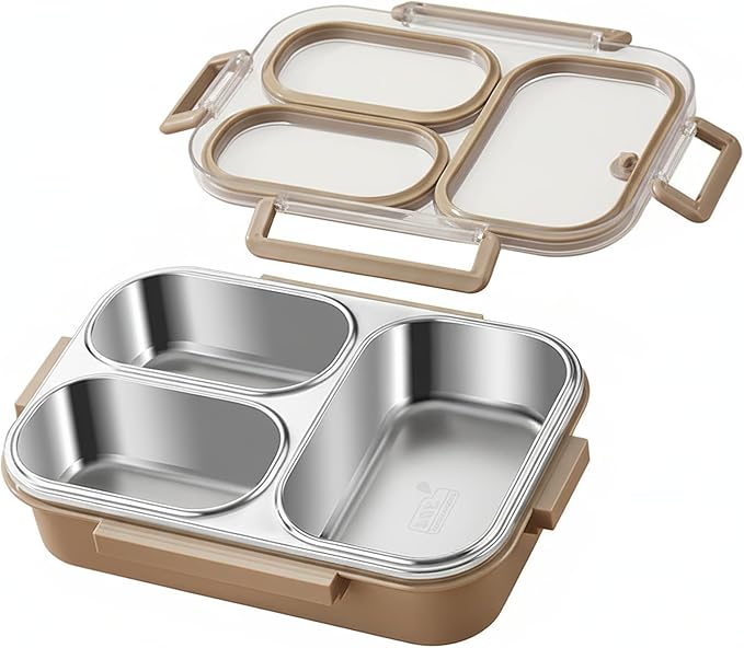 304 Stainless Steel Bento Lunch Box for Adults & Kids, 25 Oz Leakproof Metal Food Container with 3 Compartments, BPA-Free, Reusable&Dishwasher Safe, Fix for School,Office,Picnic,Travel(Khaki)