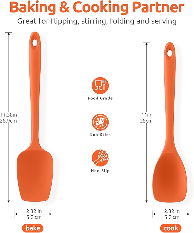 600ºF Heat Resistant Silicone Spoons: U-Taste Flexible Baking Spoon Spatula & Cooking Scoop Spoonula, Seamless Soft Kitchen Utensils for Serving, Scraping, Scooping in Non-Stick Cookware (Orange)