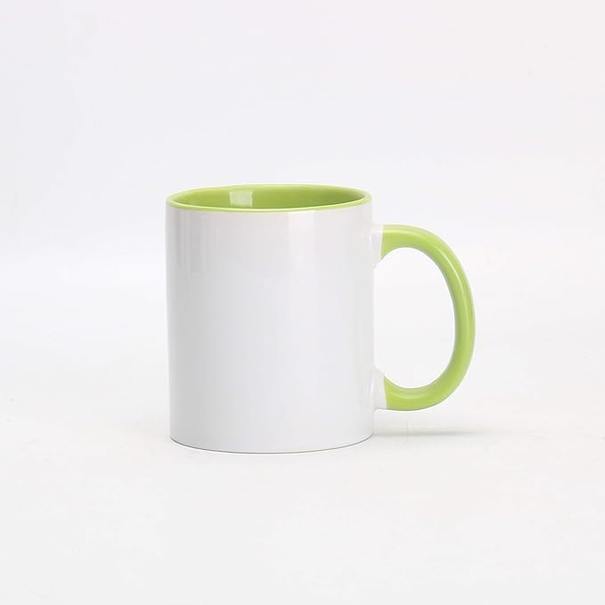 11oz White Ceramic Sublimation Coffee Mug With Solid Colors Inside and Handle, Mixed 6 Colors of Black, Red, Blue, Yellow, Green and Pink, Case of 36