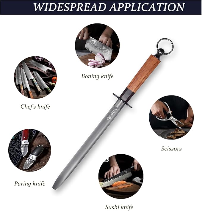 MITSUMOTO SAKARI 10 Inch Knife Sharpener Rod, Flat Honing Rod, High Carbon Honing Steel