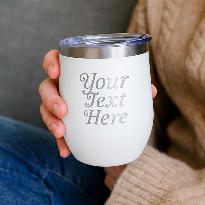 Gifts Inscribed Personalized Wine Tumbler with Lid – White Custom Text Engraved Stainless Steel Insulated Mug for Hot & Cold Drinks – Customized Bridesmaid, Wedding, or Birthday Gift