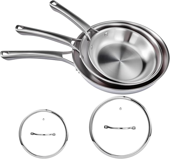 VINGLI 8'' 10'' 12'' Stainless Steel Frying Pan Set, Tri-Ply Skillets Set with Lids, Non-Toxic Chef's Pan, PFOA & PTFE Free, Compatible for All Cooktops, Dishwasher & Oven Safe (5-Pcs Skillets Set)