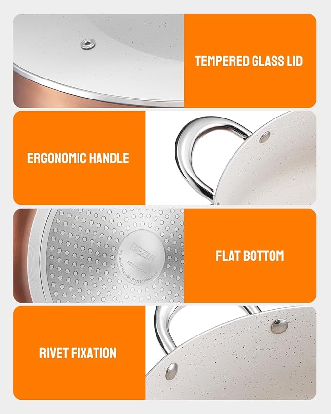 BEZIA 6 Quart Nonstick Stock Pot with Lid, Induction Cooking Pot Pot for All Stovetops, Non-toxic and Oven Safe, PFOA PFAS Free, Golden