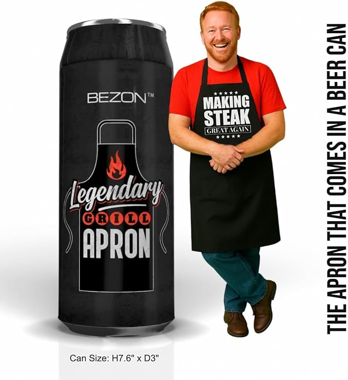 BEZON Funny Grill Apron for Men – Beer Can Gift Packaging – Hilarious BBQ Gift for Dad, Husband, or Friend – Heavy-Duty Water-Resistant Canvas – Making Steak Great Again