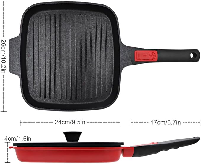 Grill Pan for Stove Tops with Lid 10 inch, Nonstick Square Griddle Pan with Detachable Handle for Indoor Cooking