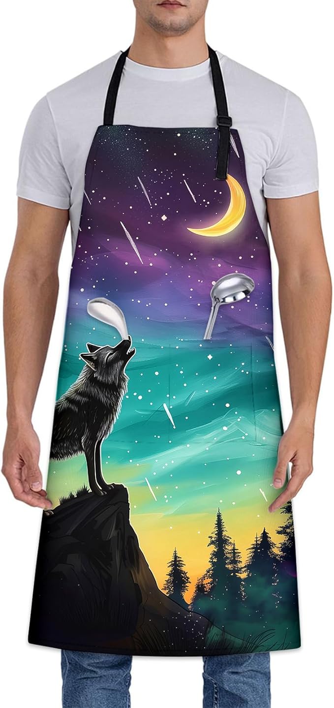 Mystical Wolf Apron, Adjustable Kitchen Moonlit Night and Aurora Sky Design Aprons with Pockets for Cooking BBQ Gardening, 28×33 IN, Holiday Gifts for Women Men, for Chef Baking, Oxford Fabric