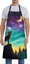 Mystical Wolf Apron, Adjustable Kitchen Moonlit Night and Aurora Sky Design Aprons with Pockets for Cooking BBQ Gardening, 28×33 IN, Holiday Gifts for Women Men, for Chef Baking, Oxford Fabric
