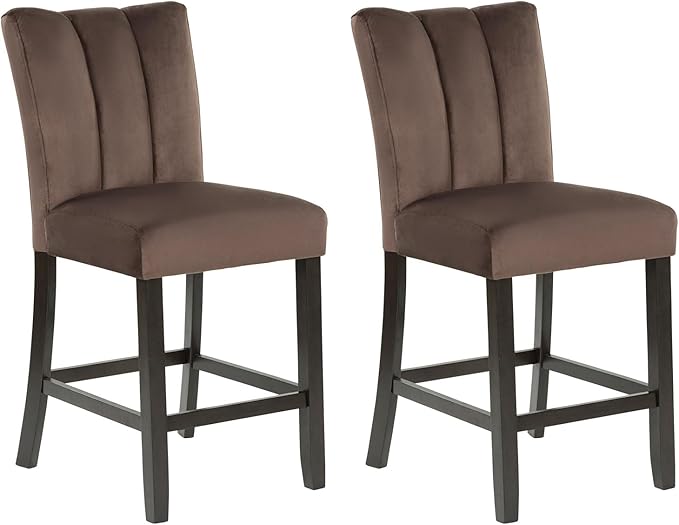 Signature Design by Ashley Jazmore Contemporary Velvet Upholstered Counter Height Bar Stool with Footrest and Adjustable Levelers, Set of 2, Dark Brown & Black