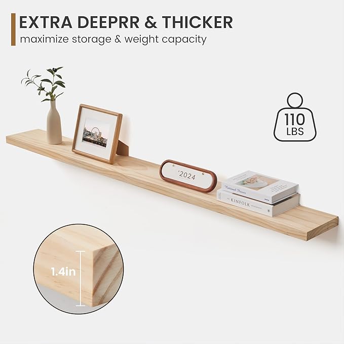 Fun Memories Floating Shelves 72 Inches Long - 8 Inch Deep Rustic Solid Pine Wood for Storage - Farmhouse Wall Mounted for Living Room - Heavy-Duty Metal Bracket - 72" W x 8" D - Natural Unfinished