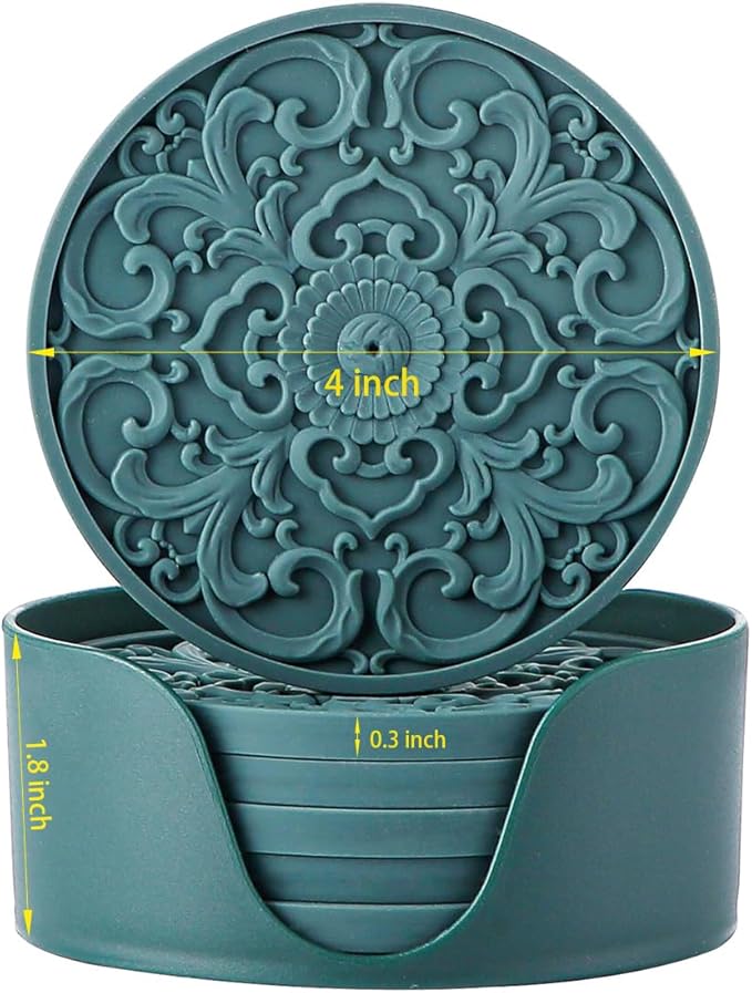 Colinda Silicone Coasters - Set of 6 with Holder, Non-Slip Cup Mats for Hot and Cold Drinks, Decorative Designs, Gift Ready Packaging, Warm Grey