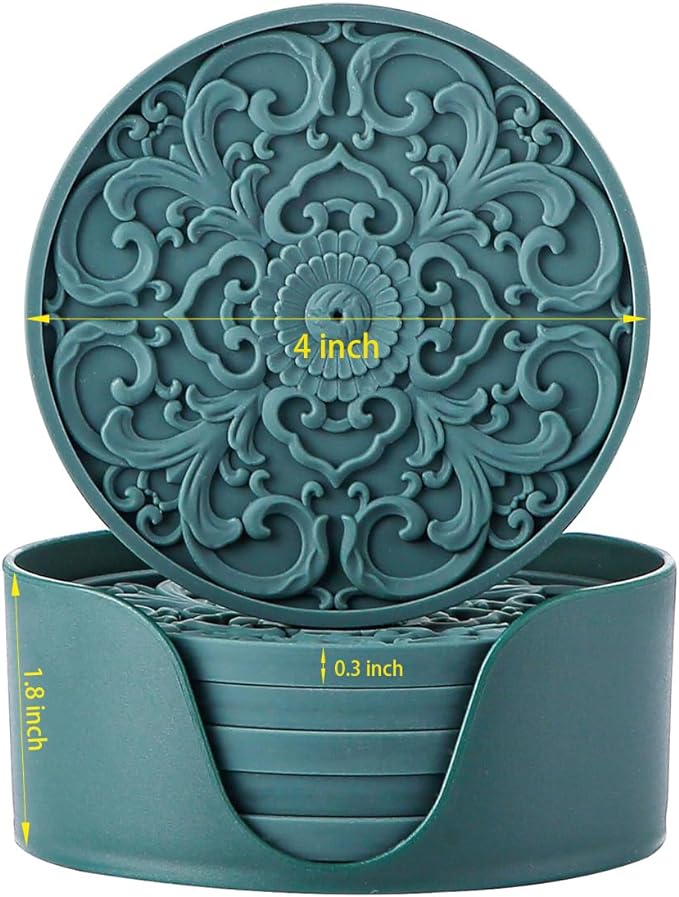 Colinda Silicone Coasters - Set of 6 with Holder, Non-Slip Cup Mats for Hot and Cold Drinks, Decorative Designs, Gift Ready Packaging,Black