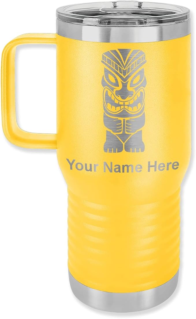 LaserGram 20oz Vacuum Insulated Travel Mug with Handle, Tiki Statue, Personalized Engraving Included (Yellow)