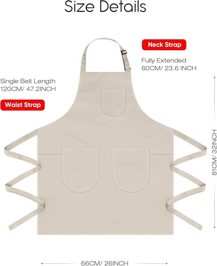Unisex Apron with Pockets for Cooking, Salon & Art - 100% Cotton Adult Kitchen, Chef, Stylist Apron (Beige)