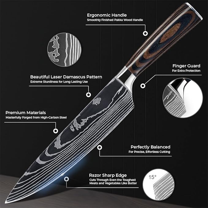 SENKEN 8-piece Premium Japanese Kitchen Knife Set with Laser Damascus Pattern - Imperial Collection - Ultra Sharp for Very Fast Cutting