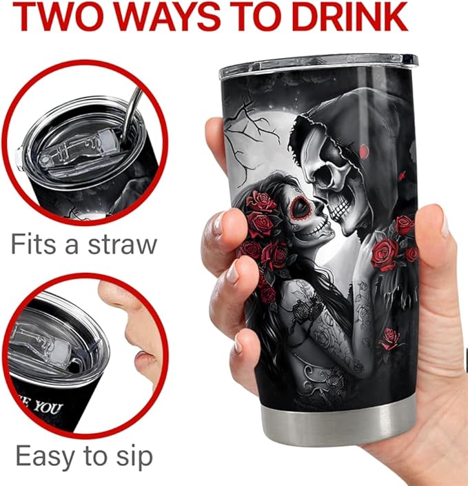 Skull Couple Tumbler 20oz Stainless Steel Insulated Coffee Travel Cup Tumblers Gifts for Wife Husband Boyfriend Girlfriend on Birthday Christmas Valentines Anniversary