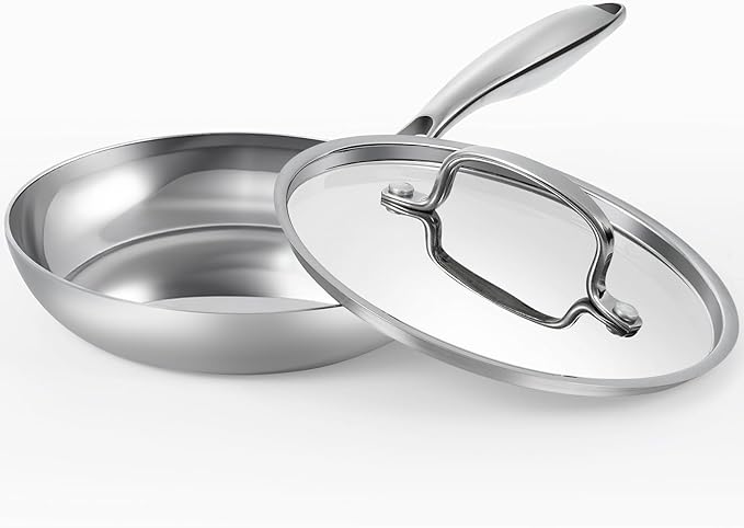Stainless Steel 8 Inch Frying Pan Nonstick, Tri-ply Clad Base Non-toxic Skillets with Stainless Steel Lid, Fast and Even Heating Stay Cool Handles Induction Dishwasher & Oven Safe PFOA Free Cookware