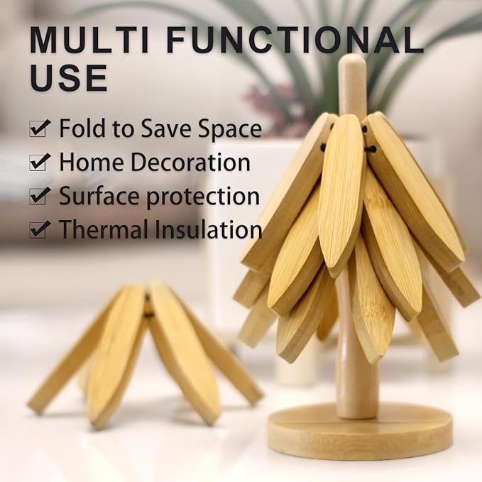 EGO LIFE Wooden Trivet Tree Set for Hot Dishes, 100% Natural Wood Trivets, Expandable Design Coasters, Foldable Tree-Sharped Placemats with 4PCS(Original Color)