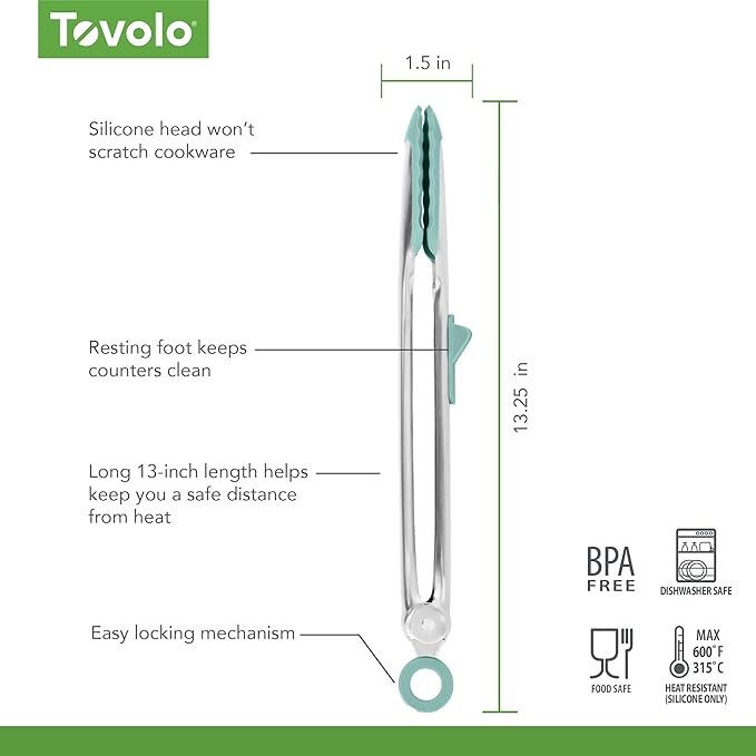 Tovolo Tongs With Silicone Tips Easy Grip 13” Long Kitchen Tongs Stainless Steel Handle For Cooking, Non Scratch Heat Resistant Metal Tongs Silicone Tipped Dishwasher Safe BPA Free Aqua Seafoam Green