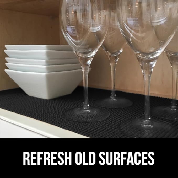 GORILLA GRIP powerGRIP Drawer Shelf and Cabinet Liner, Thick Strong Hold, Non-Adhesive Liners Protect Kitchen Cabinets and Cupboard, Bathroom Drawers, Easy Install, Breathable Mat, 17.5" x10', Black