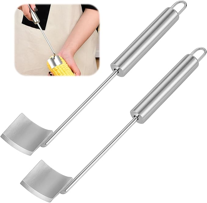 2PCS Corn Cob Stripper Tool - Long Handle Stainless Steel Corn Peeler for Corn on the Cob, Quick & Easy-to-Use Corn Cutter, Ideal for Kitchen Salads Tacos, 9.8×1.57×1.06in