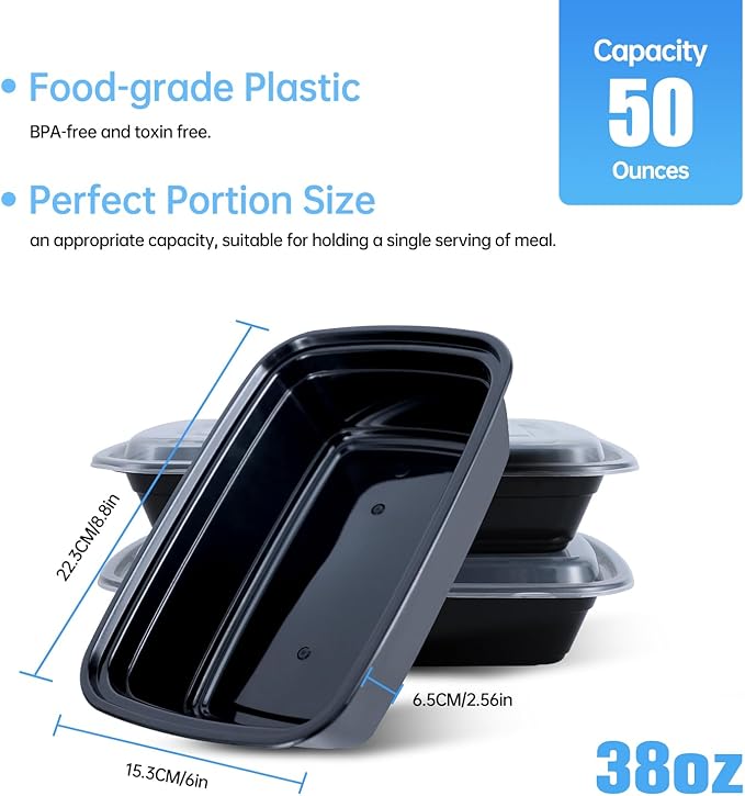 50 Pack (100-Piece) 38oz Meal Prep Containers Black Rectangle,Reusable and Sturdy, Leakproof Food Safe Design, Disposable Takeout Lunch Boxes, BPA-Free, Freezer and Dishwasher Safe