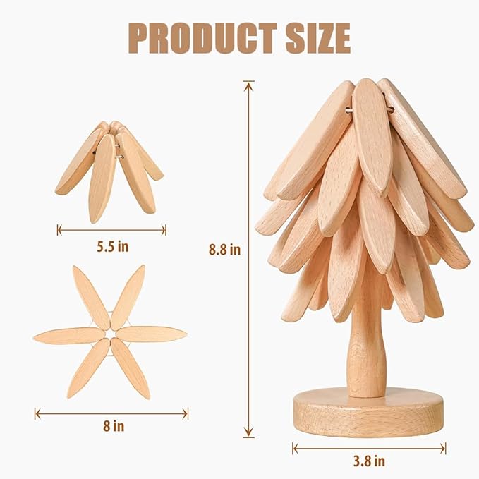 Wooden Trivets for Hot Dishes， Tree Shape Trivet Set,Trivets for Hot Dishes - 4 Wooden Trivet + 1 Stand（Beech Wood）