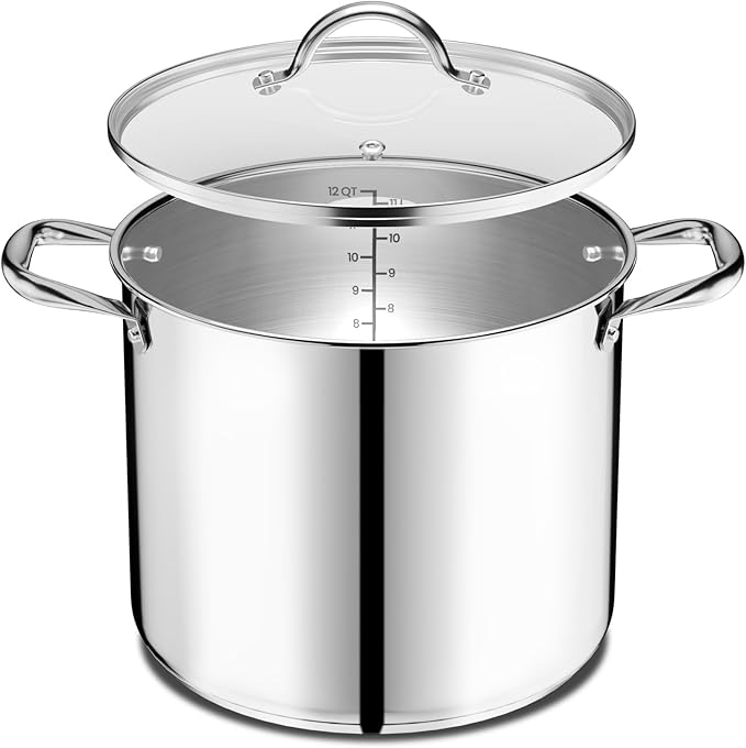 Stainless Steel Stockpot with Tempered Glass Lid 12 Quart, Durable 18/0 Stainless Steel, Impact-Bonded Base for Even Heating, Riveted Handles, Oven & All Stove Compatible, Safe Up To 500°F (260°C)