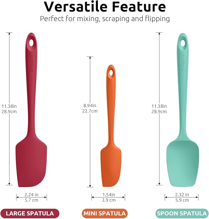 U-Taste Silicone Baking Spatula Set: 600ºF High Heat Resistant, Food Grade Flexible Rubber Kitchen Cooking Mixing Scraper, Food Grade Seamless Utensil for Nonstick Cookware Set of 3 (Multicolors)