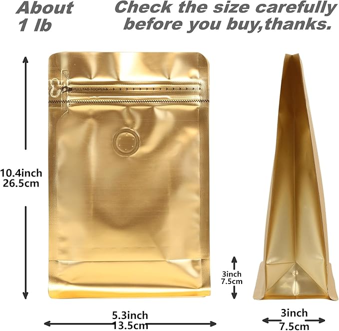 110 Pack High Barrier Stand-Up Coffee Bean Bags with Vented Valve, Matte Metallic, Heat-Sealable and Resealable Solid Color Pouches for Food Storage (5.3 * 10.4 inch,1 lb,16 oz,Golden)