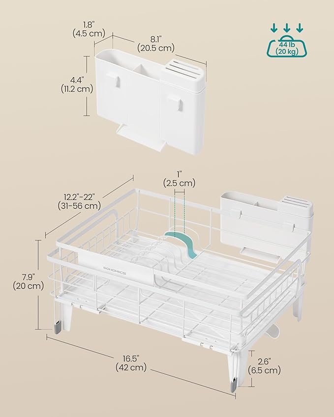 SONGMICS Dish Drying Rack, Kitchen Dish Rack, with Drainboard, 360° Rotatable and Extendable Spout, with Cutlery Holder, 12.2-22 x 16.5 x 7.9 Inches, Matte White and Dove Gray UKCS552W01