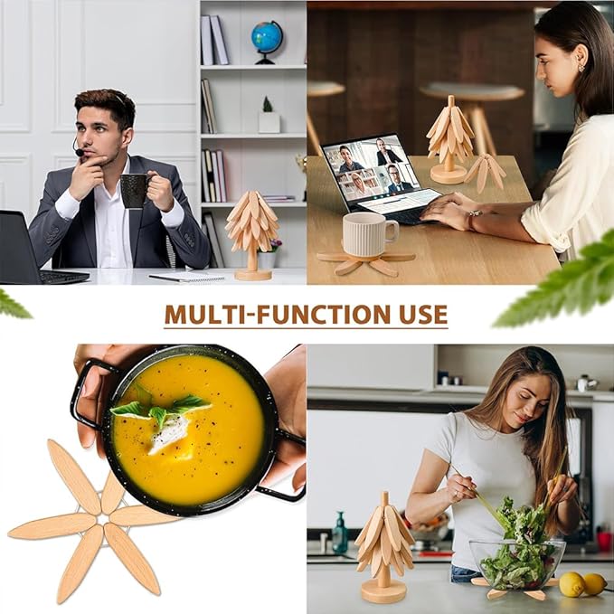 Wooden Trivets for Hot Dishes， Tree Shape Trivet Set,Trivets for Hot Dishes - 4 Wooden Trivet + 1 Stand（Beech Wood）