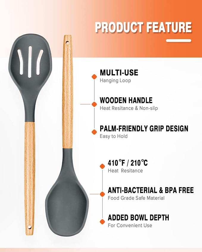 Large Silicone Cooking Spoons, 2 Pack Nonstick Solid and Slotted Wooden handle Spoon Set, Heat Resistan Silicone Kitchen Spoons for Cooking, Serving, Basting, Mixing (Grey)