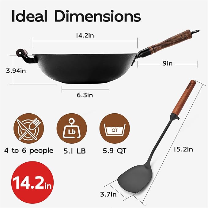 WANGYUANJI 14.2 Inch Cast Iron Wok with Wooden Lid and Iron Spatula, Flat Bottom Double-Handle Cast Iron Stir Fry Pan, Uncoated Chinese Wok for Induction, Gas and Electric Stoves