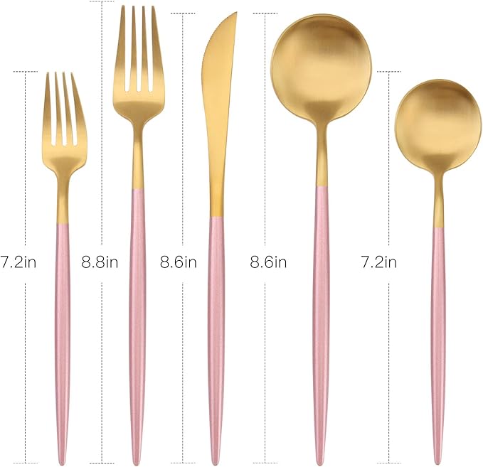 Matte Gold Silverware Set with pink handle, Bysta 20-Piece Stainless Steel Flatware Set, Kitchen Utensil Set Service for 4, Tableware Cutlery Set for Home and Restaurant, Satin Finish, Dishwasher Safe