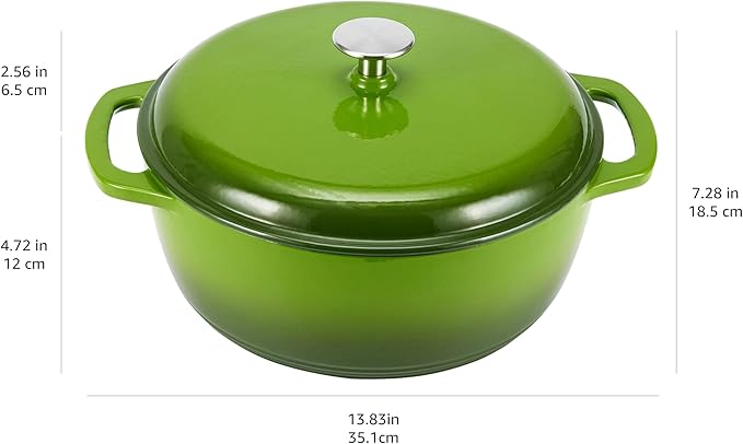 Amazon Basics Cast Iron Dutch Oven Pot with Lid, Enameled, Round, Dual Handles, Heavy-Duty, Medium, 6-Quart, Green