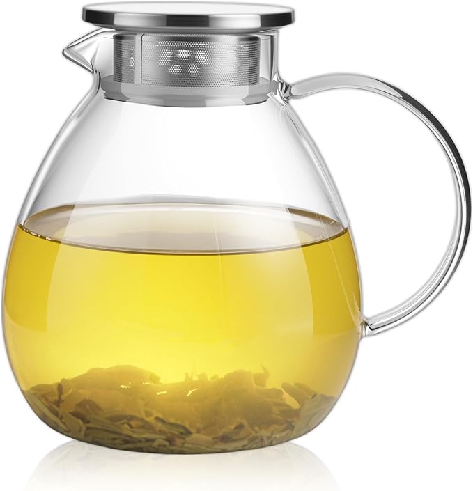 68OZ/2000ML One Touch Glass Teapot with Stainless Steel Filter Lid, Stovetop & Microwave Safe Tea Maker Water Kettle, Strainer & Cover 2 in 1 Loose Leaf Tea Steeper Pot Coffee Carafe