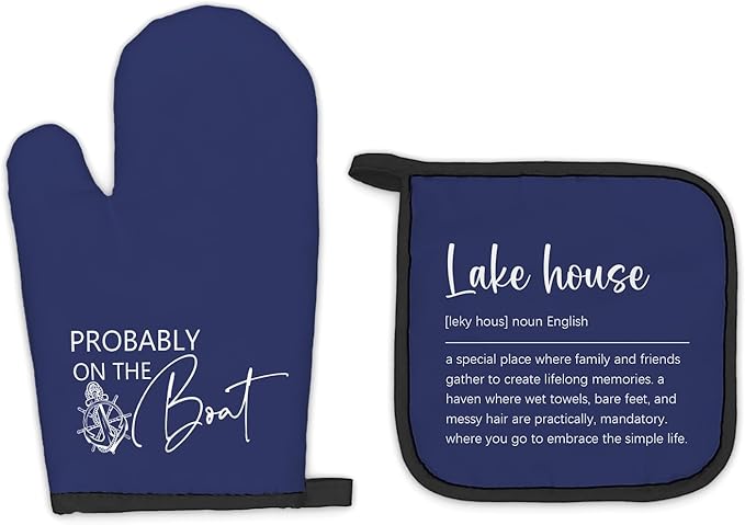 Lake House Gifts Navy Blue Oven Mitts and Pot Holders Sets, Lake Lovers Gifts Kitchen Accessories Sets Decor, Blue Probably on The Boat Heat Resistant Oven Glove Potholders for Kitchen Baking