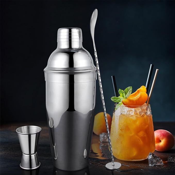 25-Piece Cocktail Shaker Set, Stainless Steel Bartender Kit with Acrylic Stand & Cocktail Recipes Booklet, Professional Bar Tools for Drink Mixing, Home, Bar, Party (Include 4 Whiskey Stones)