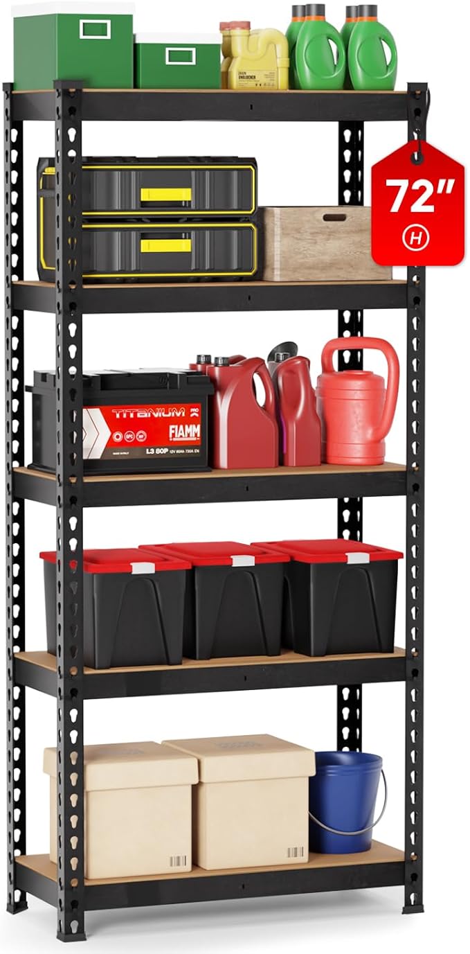 Storage Shelves 5 Tier Garage Shelving Heavy Duty Storage Rack, Adjustable Metal Shelving Unit, Garage Shelves for Basement Warehouse Pantry, 1930LBS, 72" H x 35.4" W x 15.7" D, Black