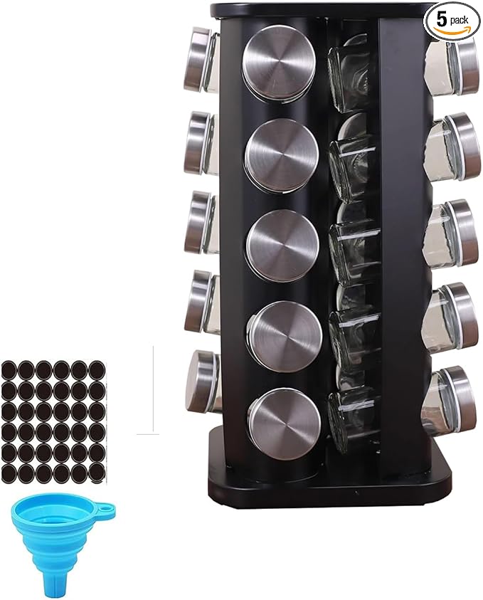 Spice rack-Revolving Spice Rack Set, Kitchen Spice Tower Organizer for Countertop or Cabinet -Desktop Rotating Seasoning Organizer(Stainless Steel) (Black, SquareHead_20Jars)