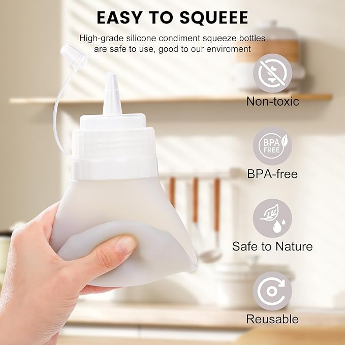 Condiment Squeeze Bottles, 12 oz Silicone Squeeze Bottles For Sauces, Leak Proof Condiment Containers with Extra Interchangeable lid, Easy Squeeze for Oil, Honey & Dressings, BPA FREE (4 Pack)