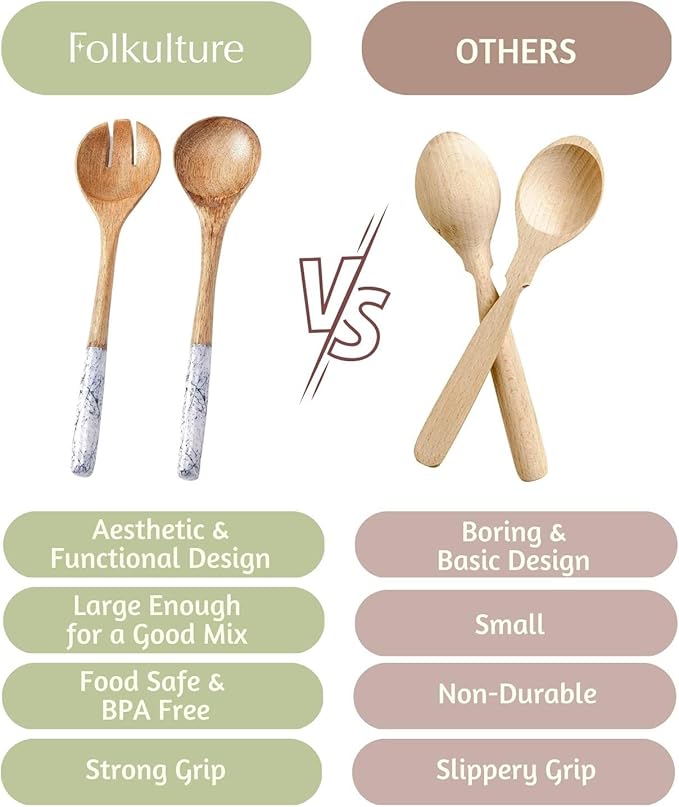 Folkulture Salad Servers or Salad Tongs | Set of 2 (12") Serving Spoons in Kitchen Essentials or Salad Hands Set | Wooden Salad Tongs for Serving | Christmas Gifts for Women Unique