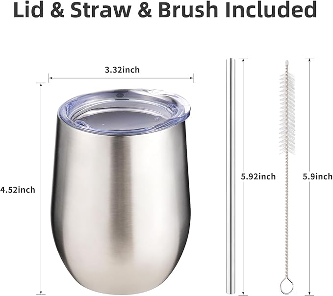 12 oz Insulated Wine Tumbler with Lid and Straw,Stainless Steel Stemless Wine Tumbler Glasses Double Wall Vacuum Wine Cups Tumbler Bulk for Coffee,Champaign,Office(Silver,8)