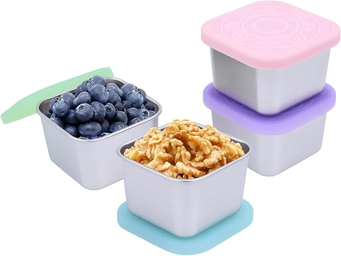 4 Pack Stainless Steel Snack Containers, 6oz Snack Box with Silicone Lids,Stackable Portable Small Food Storage Container for Picnic,Travel,School,Office,and Daycare