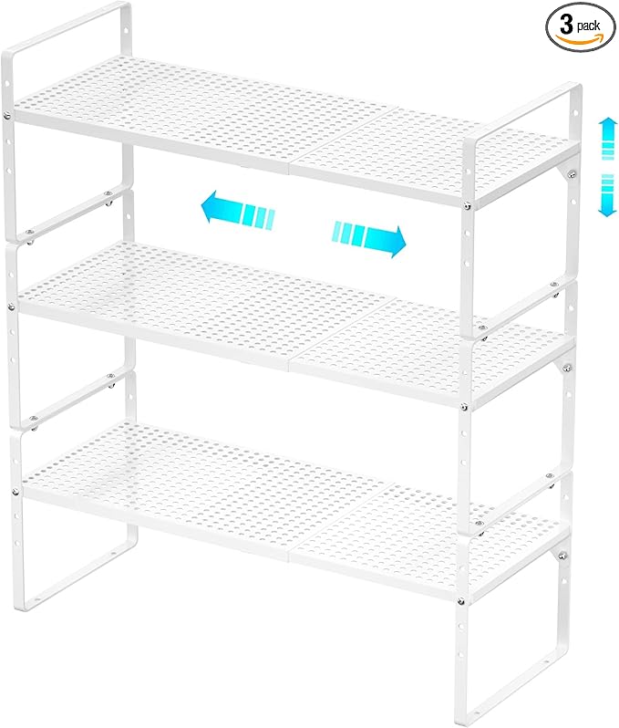 Redrubbit Large Expandable Cabinet Storage Shelf, Adjustable Height Steel Metal Kitchen Counter Organizers Shelves Spice Rack for Kitchen Pantry Bathroom Cupboard Desk Home Office, White-3 Pack