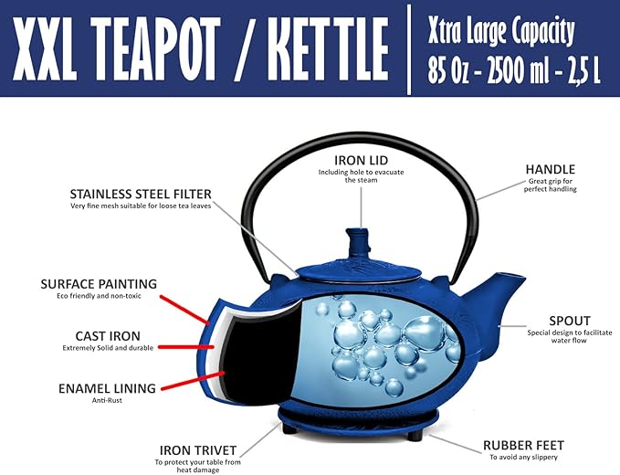 XXL Japanese Cast Iron Teapot with Infuser & Matching Trivet - Large 85 Oz/2500ml Tetsubin Loose Leaf Tea Pot with Enamel Interior - Handcrafted Big Cast Iron Tea Kettle Humidifier Set - Blue