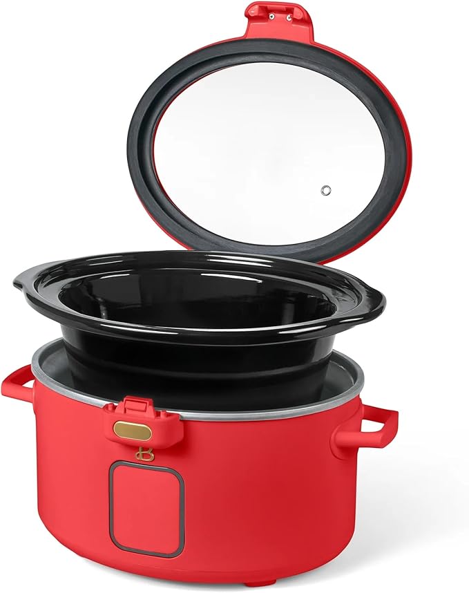 Beautiful 4-Qt Programmable Slow Cooker with Hinged Locking Lid & Touch Display – 3 Heat / 4 Timer Settings (Tomato Red)