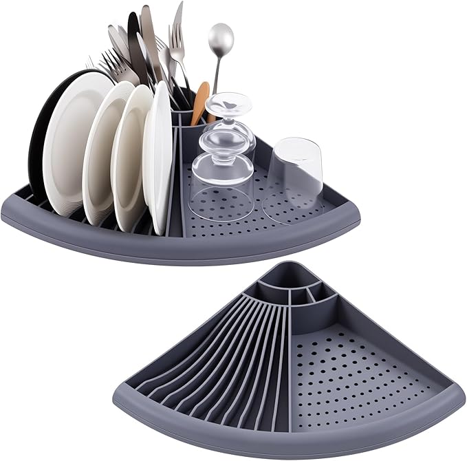 2 Pack Gray Corner Dish Racks Organizer Triangular Sink Counter Drying Rack Plastic Corner Dish Utensil Holder for Plates Bowls Utensils Knives Space Saving Kitchen, 13.7 × 13.7 inch